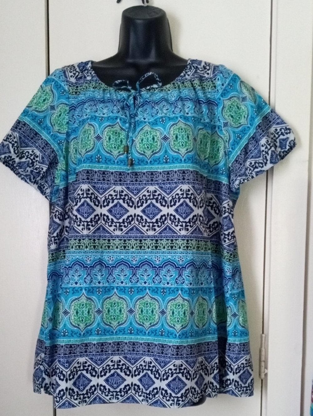 Basic Editions XXL Blue Boho Print 100% Cotton Short Sleeve Peasant Top
